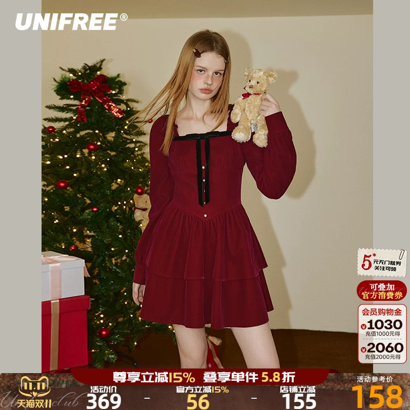 UNIFREE安可拉红丝绒长袖连衣裙女复古时尚收腰显瘦高级感包臀裙