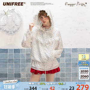 UNIFREE白色波点时尚防晒外套女夏季新款荷叶边气质减龄宽松上衣