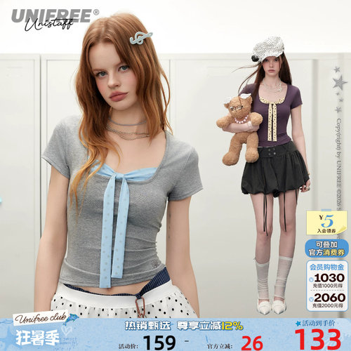 UNIFREE正肩短袖T恤撞色蝴蝶结