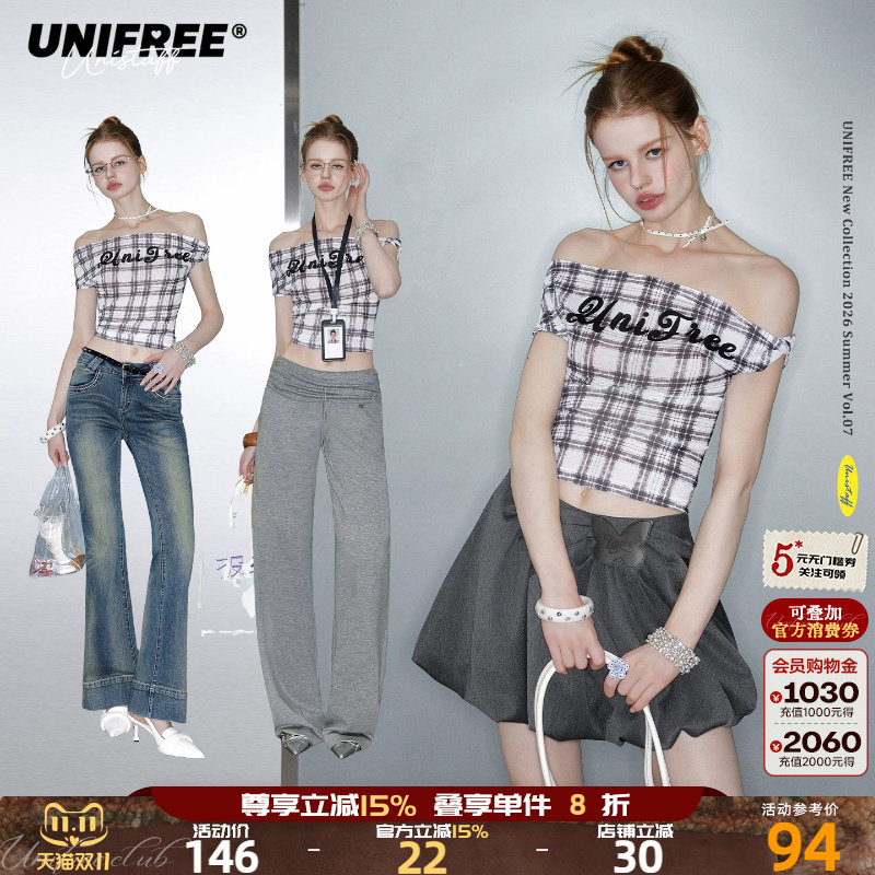 UNIFREE灰色格子一字肩露肩短袖T恤夏季新款显瘦修身雪纺短款