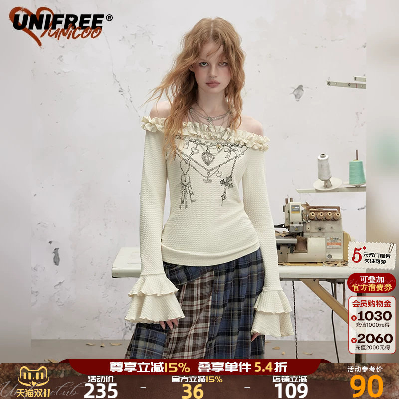 UNIFREE一字肩肌理长袖T恤女士链条印花性感荷叶边辣妹喇叭袖上衣