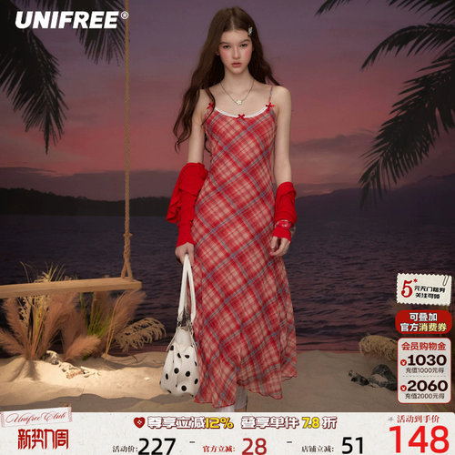 UNIFREE格纹网纱吊带连衣裙