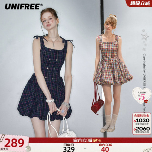 UNIFREE蓝色格子吊带连衣裙女夏季新款蝴蝶结系带收腰显瘦公主裙