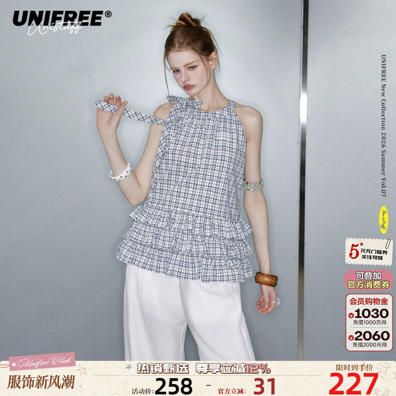 UNIFREE蓝色格子挂脖雪纺背心图片