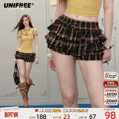 UNIFREE棕色格纹夏季短裤