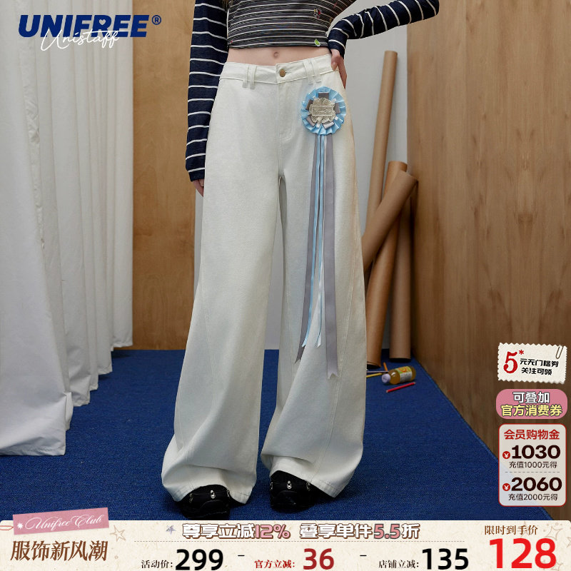 UNIFREE美式复古白色牛仔裤图片