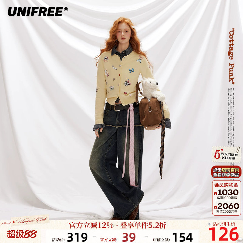 【插画师联名】UNIFREE毛针织衫女秋季新款动物印花显瘦长袖上衣