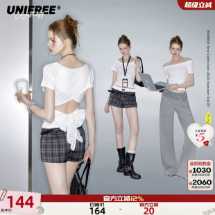 UNIFREE白色正肩针织短袖T恤女修身显瘦蝴蝶结露背性感夏季小上衣