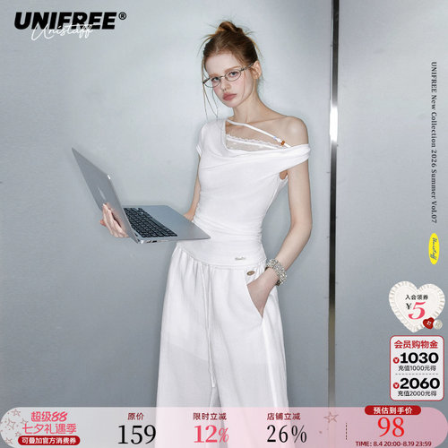 UNIFREE白色斜肩荡领短袖T恤