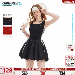 UNIFREE红色拼接无袖连衣裙女新款收腰夏季运动背心吊带花苞裙子