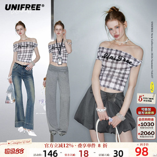 UNIFREE灰色格子一字肩露肩短袖T恤夏季新款显瘦修身雪纺短款上衣