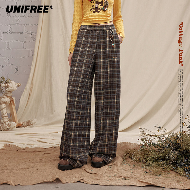 UNIFREE复古棕色格纹休闲裤新品直筒宽松垂感百搭显瘦拖地长裤子