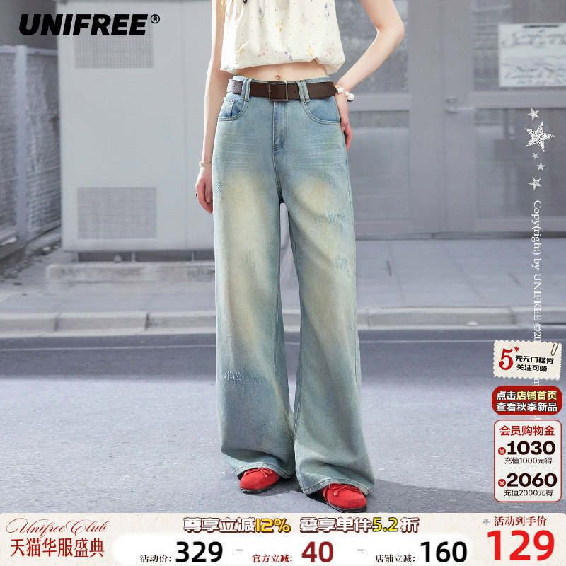 UNIFREE水洗做旧高腰牛仔裤图片