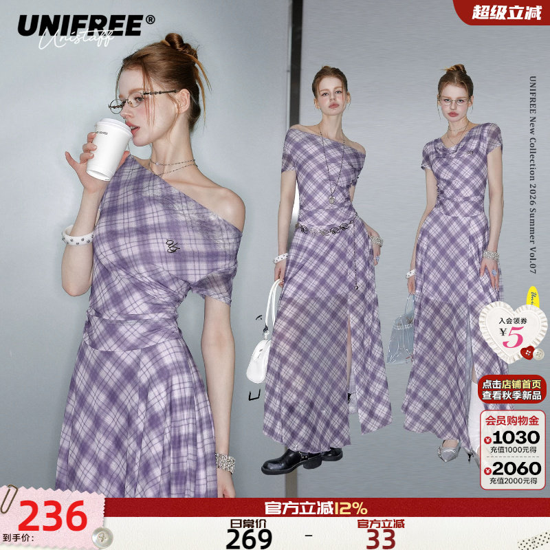 UNIFREE紫色格纹网纱斜肩连衣裙图片
