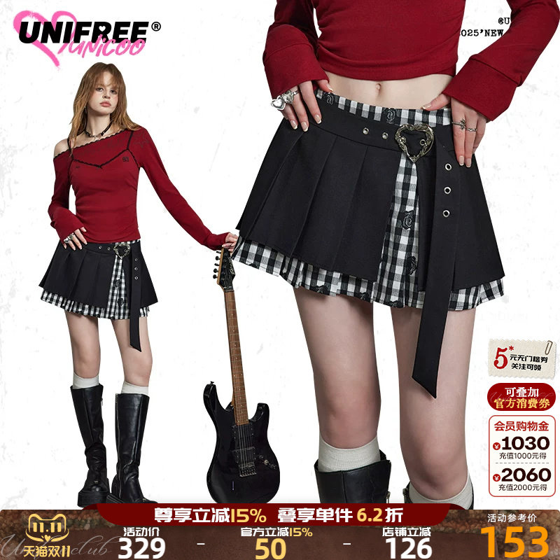 UNIFREE黑白格纹拼接假两件半身裙女撞色A字版显瘦复古百褶裙