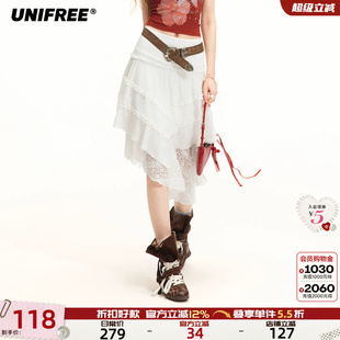 UNIFREE不规则蕾丝拼接半身裙女新款高腰A字版蛋糕裙两穿抹胸上衣