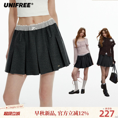 UNIFREE灰色蕾丝拼接百褶短裙