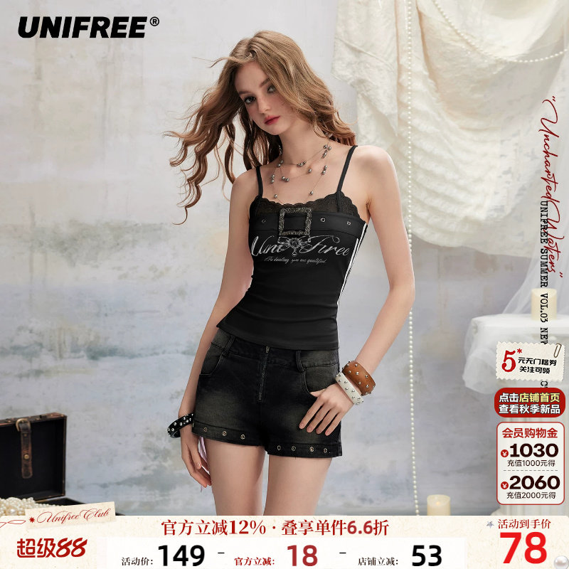 UNIFREE蕾丝拼接吊带背心女士夏季新款修身显瘦辣妹绑带外穿上衣