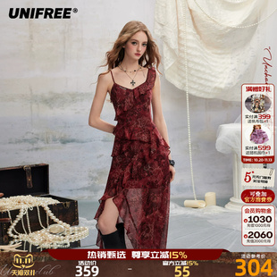UNIFREE红色豹纹印花连衣裙女修身雪纺不规则荷叶边演唱会吊带裙