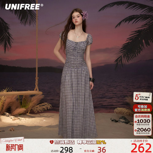 UNIFREE紫色复古格子短袖连衣裙