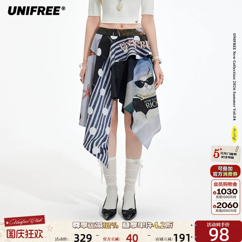 UNIFREE波点条纹拼接半身裙