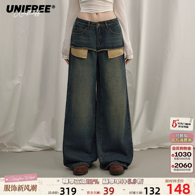 UNIFREE复古蓝做旧牛仔裤图片