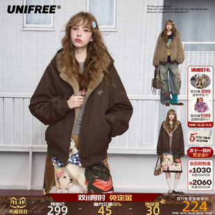 UNIFREE正反两穿派克服外套女宽松抗风棉服连帽毛毛内胆冬季上衣