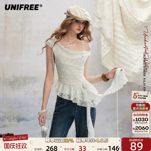 UNIFREE白色斜肩蕾丝肌理雪纺衫