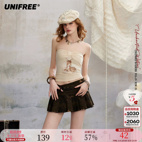 UNIFREE杏色蝴蝶结修身抹胸上衣