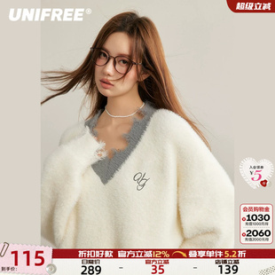 UNIFREE白色毛衣高级感女款破坏撞色复古学院宽松软糯百搭针织衫