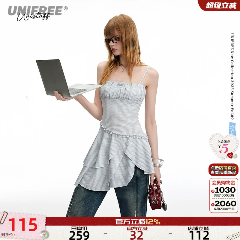 UNIFREE格纹吊带连衣裙图片