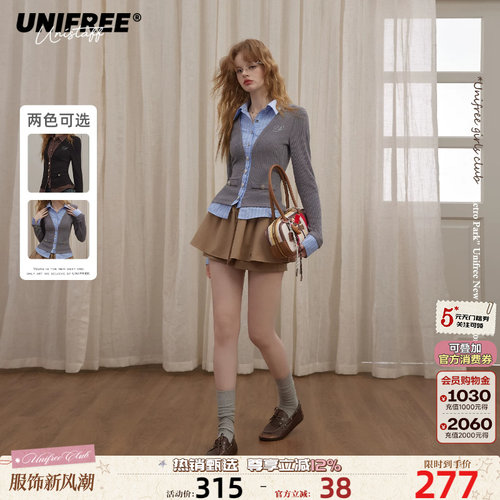 UNIFREE假两件衬衫拼接针织上衣