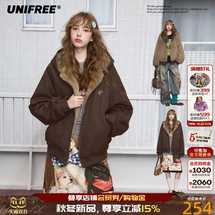 UNIFREE正反两穿派克服外套女宽松抗风棉服连帽毛毛内胆冬季上衣