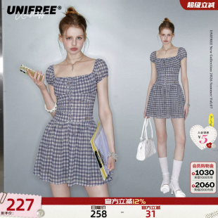 UNIFREE紫色格纹碎花短袖连衣裙女夏季收腰绑带方领短款包臀裙子