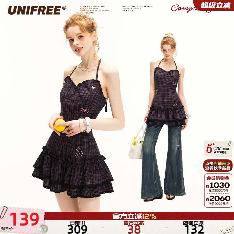 UNIFREE格纹挂脖连衣裙图片