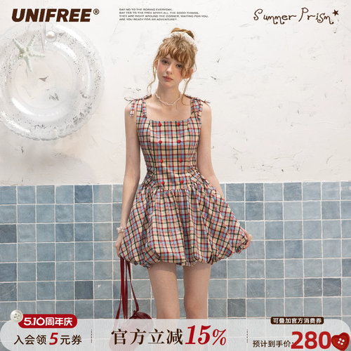UNIFREE彩色格子复古连衣裙