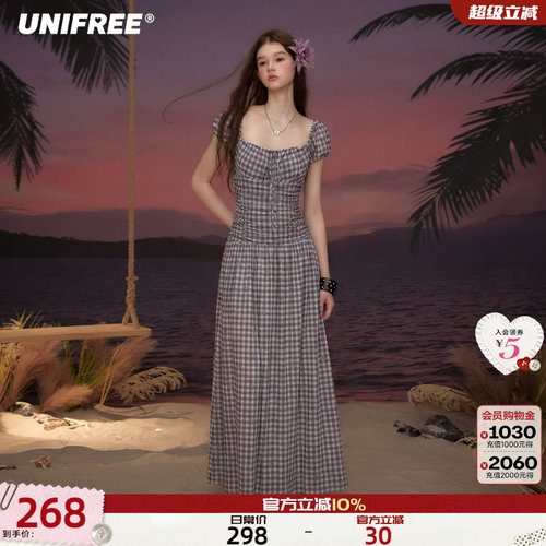 UNIFREE紫色复古格子短袖连衣裙
