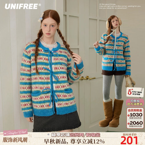 UNIFREE撞色条纹蝴蝶结针织衫