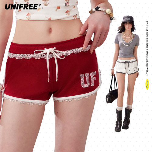 UNIFREE蕾丝边抽绳运动休闲短裤
