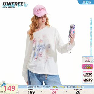 UNIFREE白色轻薄长袖T恤女夏季宽松可爱甜美纯欲风松弛感慵懒罩衫