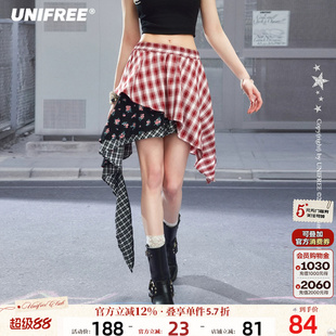 UNIFREE红色格子碎花拼接半身裙不规则女休闲高腰多层A字新款短裙