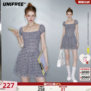 UNIFREE紫色格纹碎花短袖连衣裙女夏季收腰绑带方领短款包臀裙子