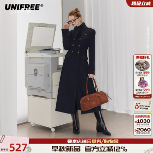 UNIFREE深蓝色长款毛呢大衣女秋季收腰修身垫肩通勤气质呢子外套