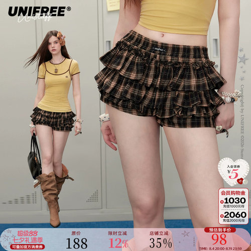 UNIFREE棕色格纹夏季短裤