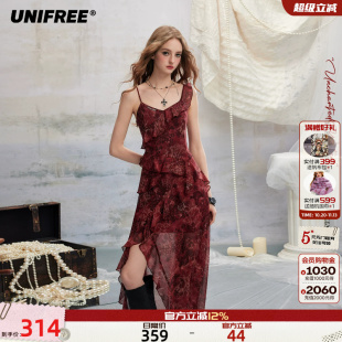 UNIFREE红色豹纹印花连衣裙女修身雪纺不规则荷叶边演唱会吊带裙