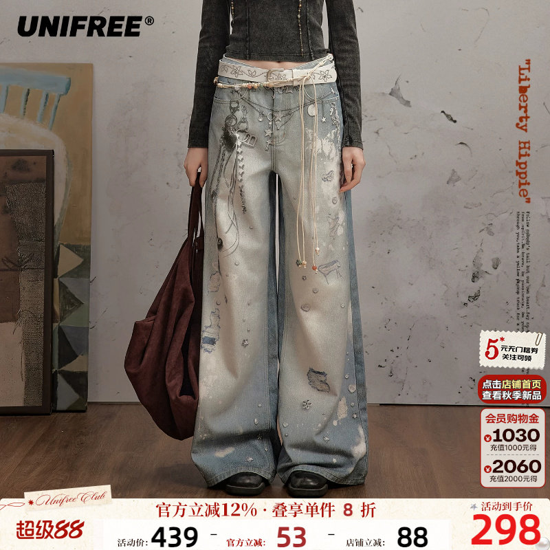 UNIFREE链条印花涂鸦牛仔裤图片
