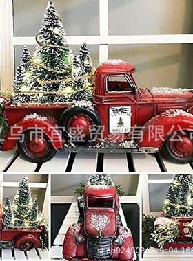 跨境圣诞节卡丁车红色圣诞树拉货led灯闪烁圣诞摆件氛围树脂家居