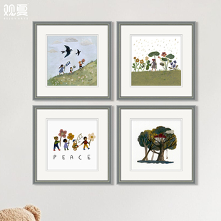 观夏现代简约小清新装饰画卡通可爱儿童房卧室活动区挂画背景墙画