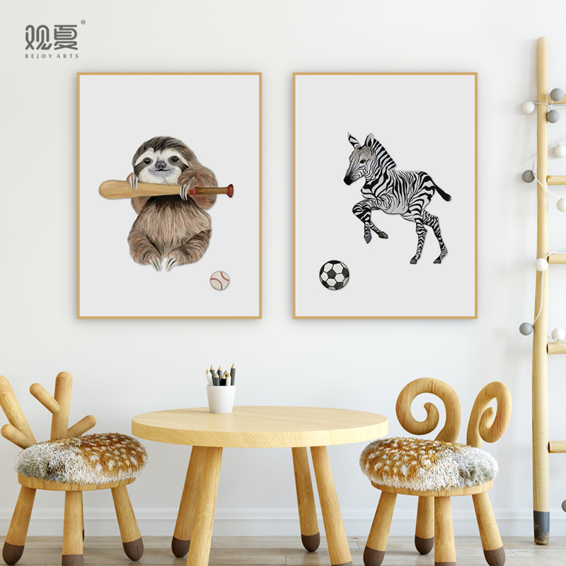 观夏现代美式可爱动物挂画儿童房运动风装饰画幼儿园儿童乐园壁画图片