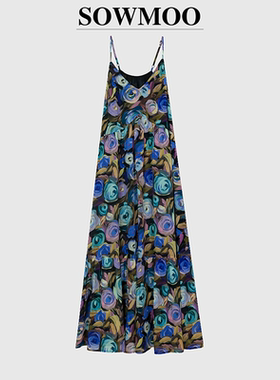 2025夏蓝色玫瑰度假气质减龄显瘦吊带碎花裙A字印花连衣裙25X1153